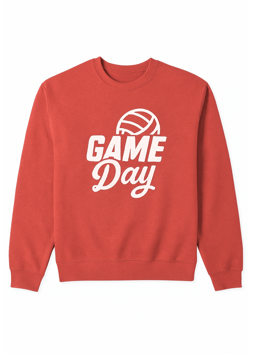 Red sweatshirt with 'GAME DAY' and volleyball graphic on a white background